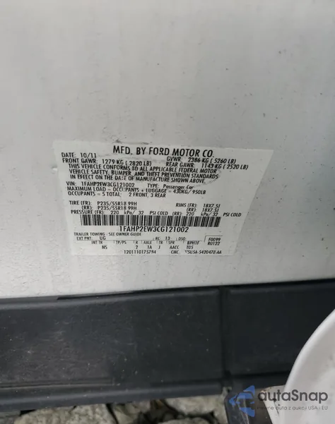 2012 Ford Taurus Sel из США, поврежденный, VIN 1FAHP2EW3CG121002